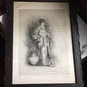 Original charcoal on silk of Japanese Women